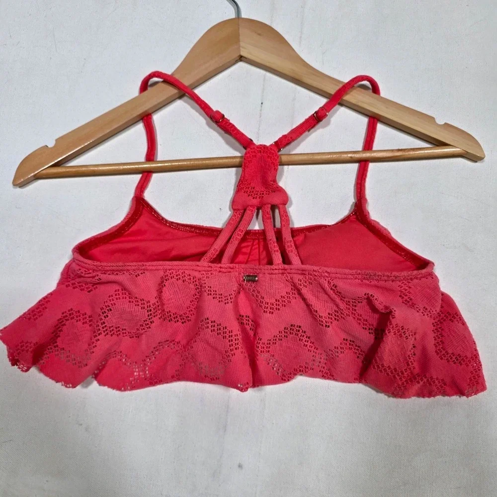 Roxy Bikini Top Women Small Pink Crochet Flounce Racerback Swimwear Beachwear